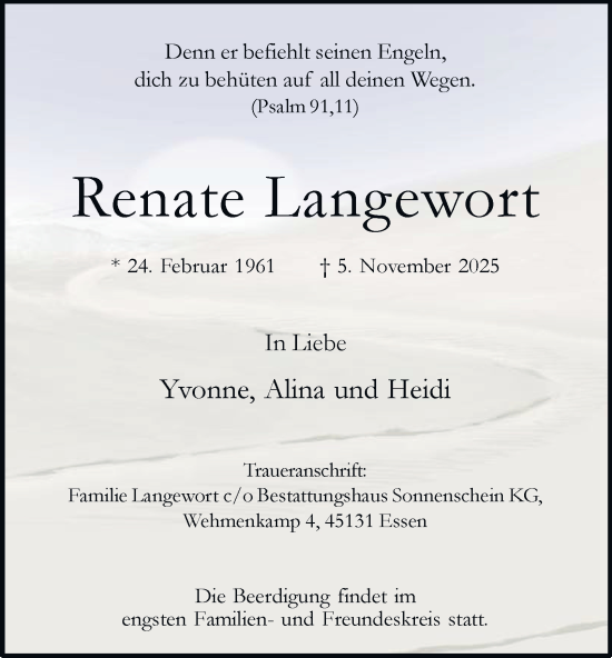 Traueranzeige von Renate Langewort von Tageszeitung