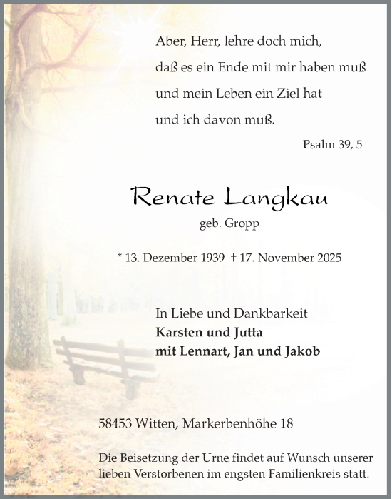 Traueranzeige von Renate Langkau von Tageszeitung