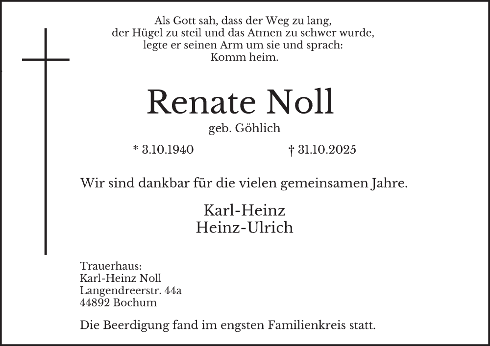  Traueranzeige für Renate Noll vom 08.11.2025 aus Tageszeitung