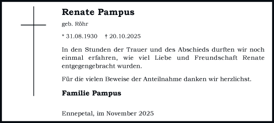 Traueranzeige von Renate Pampus von Tageszeitung
