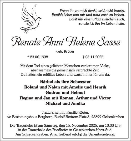 Traueranzeige von Renate Anni Helene Oasse von Tageszeitung