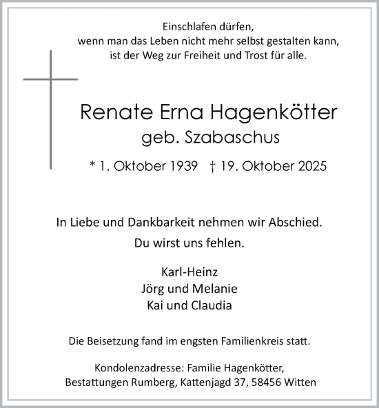 Traueranzeige von Renate Erna Hagenkötter von Tageszeitung