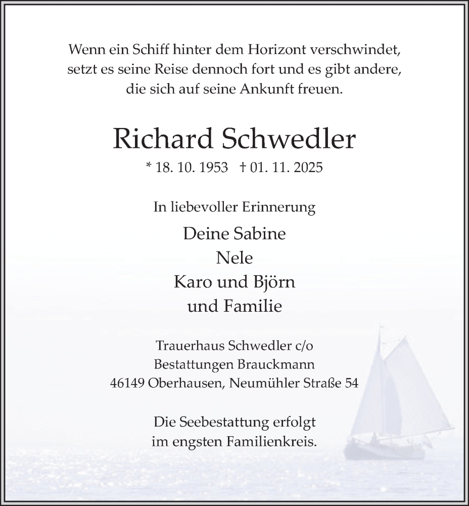  Traueranzeige für Richard Schwedler vom 15.11.2025 aus Tageszeitung