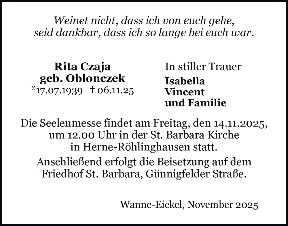  Traueranzeige für Rita Czaja vom 13.11.2025 aus Tageszeitung