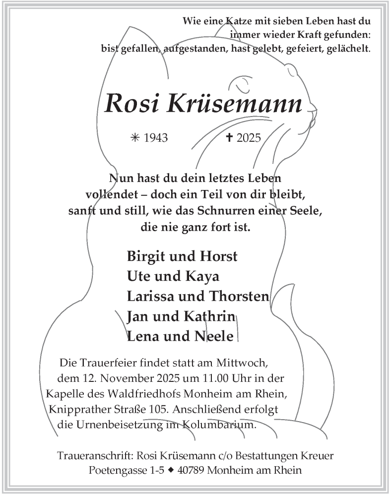  Traueranzeige für Rosi Krüsemann vom 08.11.2025 aus Tageszeitung