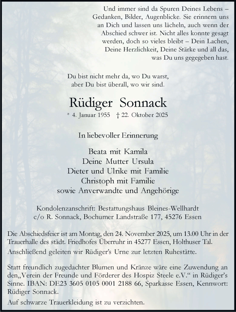 Traueranzeige für Rüdiger Sonnack vom 15.11.2025 aus Tageszeitung
