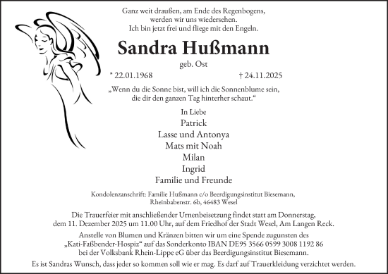 Traueranzeige von Sandra Hußmann von Tageszeitung