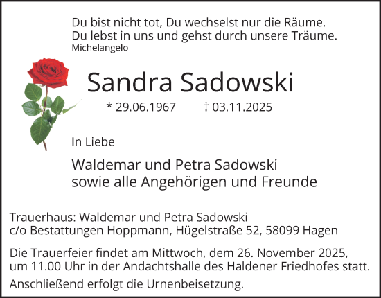 Traueranzeige von Sandra Sadowski von Tageszeitung