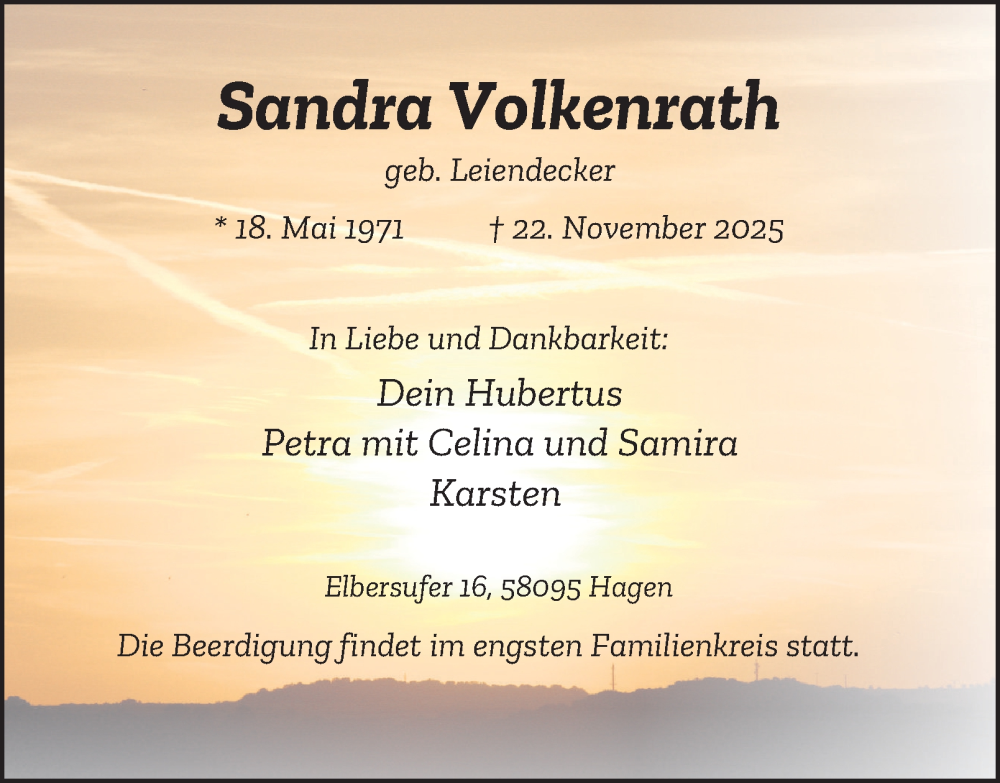  Traueranzeige für Sandra Volkenrath vom 29.11.2025 aus Tageszeitung