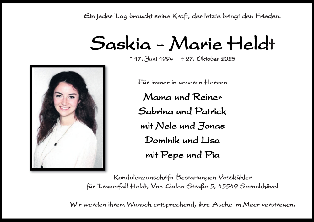  Traueranzeige für Saskia - Marie Heldt vom 08.11.2025 aus Tageszeitung