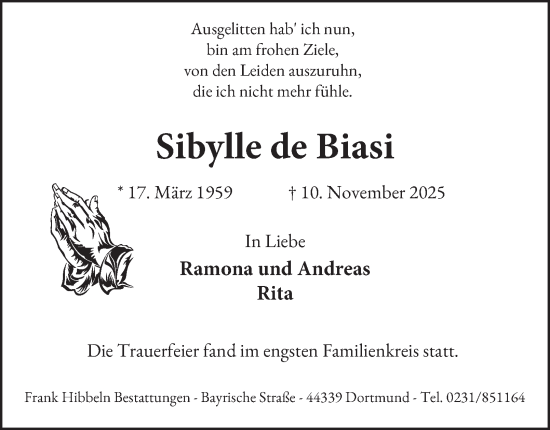 Traueranzeige von Sibylle de Biasi von Tageszeitung
