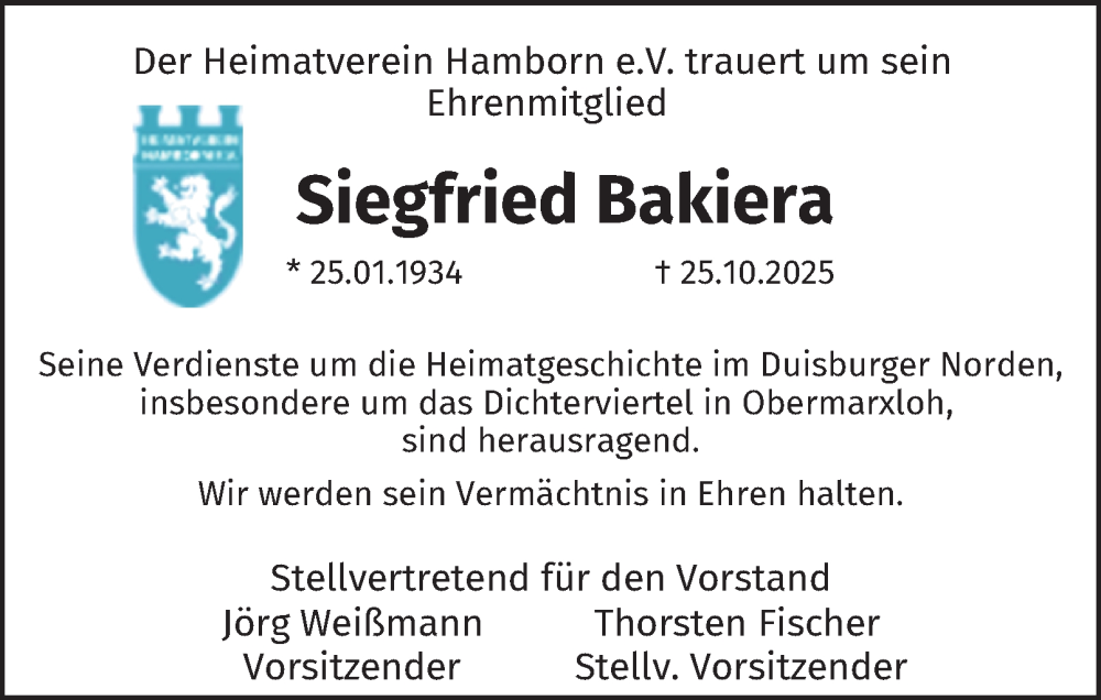  Traueranzeige für Siegfried Bakiera vom 08.11.2025 aus Tageszeitung