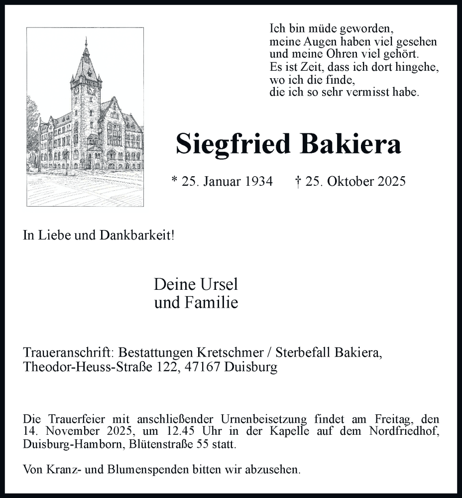  Traueranzeige für Siegfried Bakiera vom 08.11.2025 aus Tageszeitung