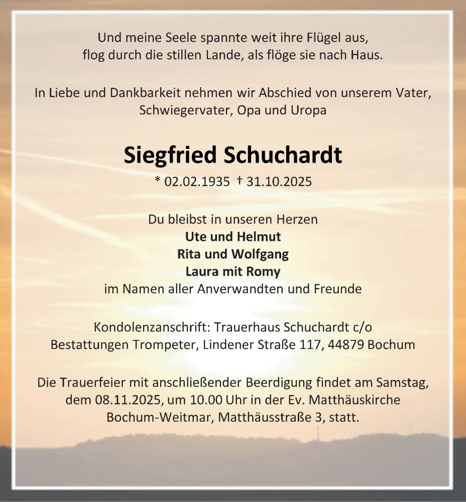  Traueranzeige für Siegfried Schuchardt vom 06.11.2025 aus Tageszeitung