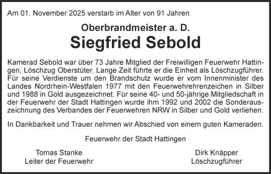 Traueranzeige von Siegfried Sebold von Tageszeitung