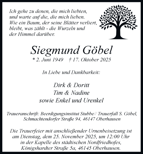 Traueranzeige von Siegmund Göbel von Tageszeitung