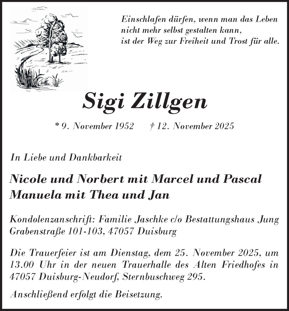 Traueranzeige für Sigi Zillgen vom 21.11.2025 aus Tageszeitung