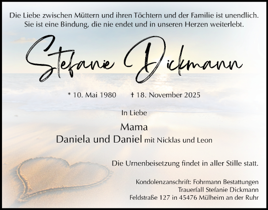 Traueranzeige von Stefanie Dickmann von Tageszeitung