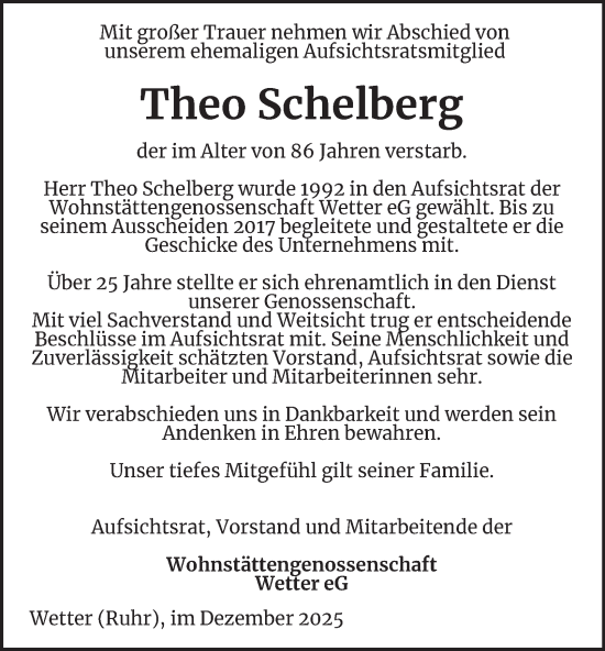 Traueranzeige von Theo Schelberg von Tageszeitung