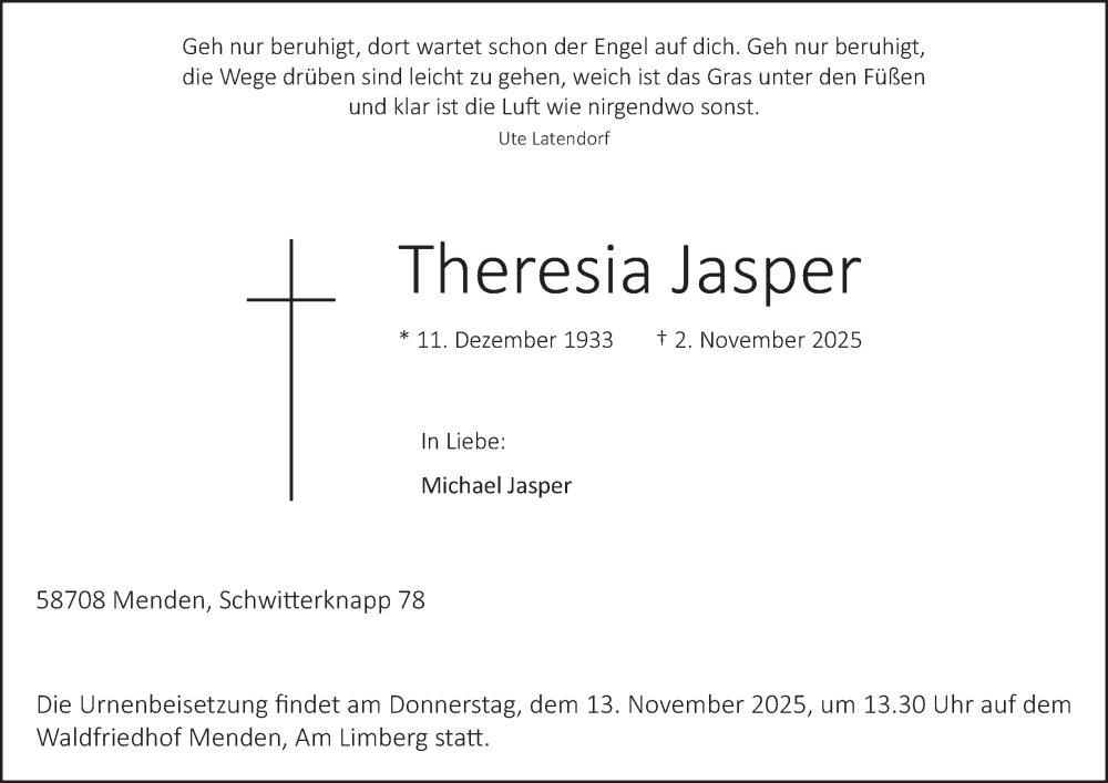 Traueranzeige für Theresia Jasper vom 11.11.2025 aus Tageszeitung