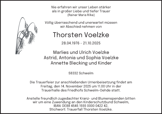 Traueranzeige von Thorsten Voelzke von Tageszeitung