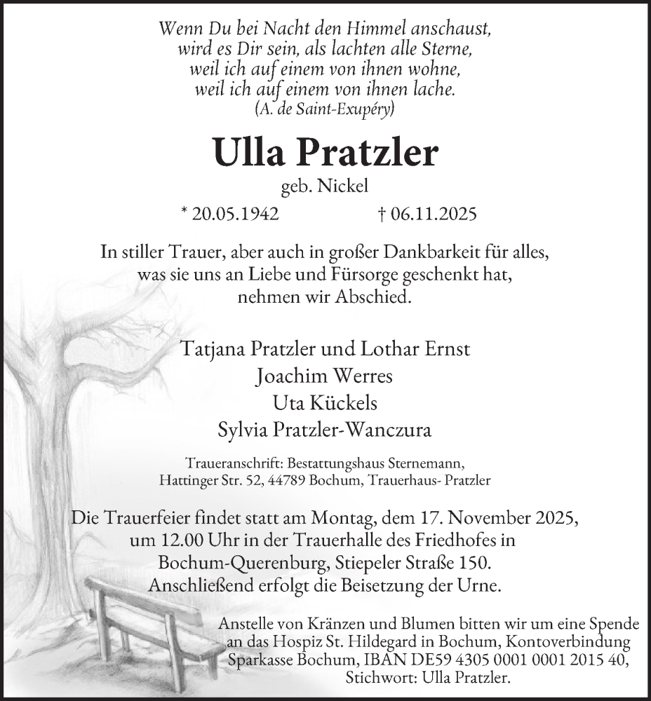  Traueranzeige für Ulla Pratzler vom 14.11.2025 aus Tageszeitung