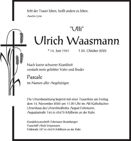 Traueranzeige von Ulrich Waasmann von Tageszeitung