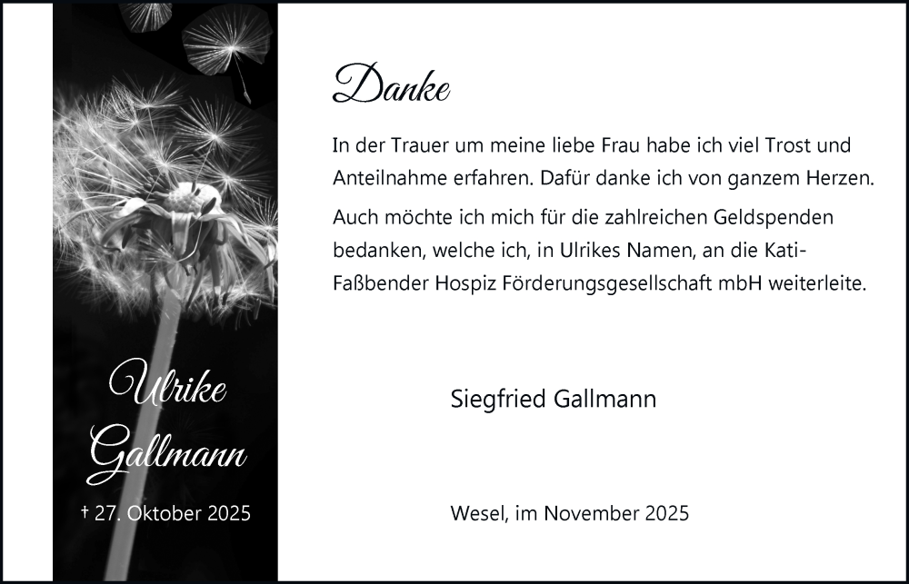  Traueranzeige für Ulrike Gallmann vom 22.11.2025 aus Tageszeitung