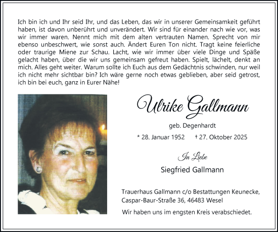 Traueranzeige von Ulrike Gallmann von Tageszeitung