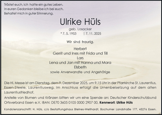 Traueranzeige von Ulrike Hüls von Tageszeitung