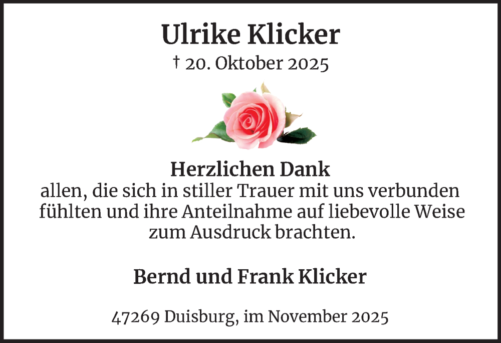  Traueranzeige für Ulrike Klicker vom 22.11.2025 aus Tageszeitung