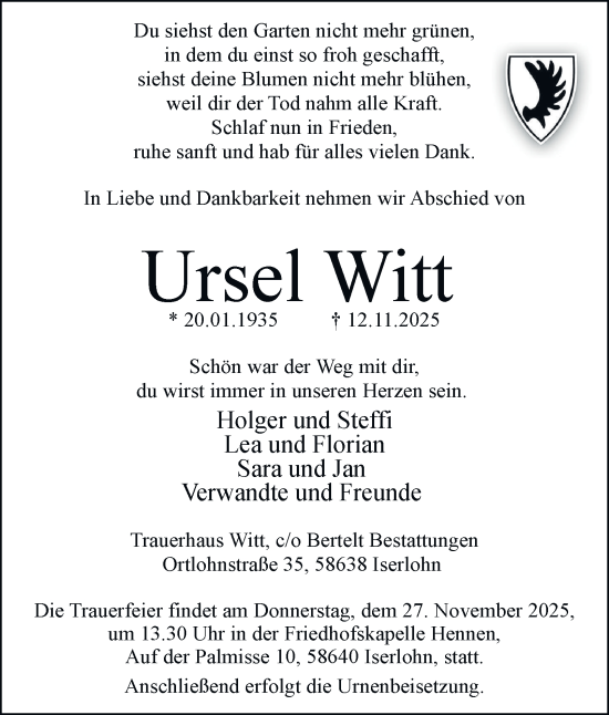Traueranzeige von Ursel Witt von Tageszeitung