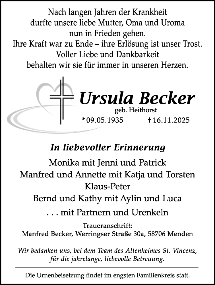  Traueranzeige für Ursula Becker vom 22.11.2025 aus Tageszeitung