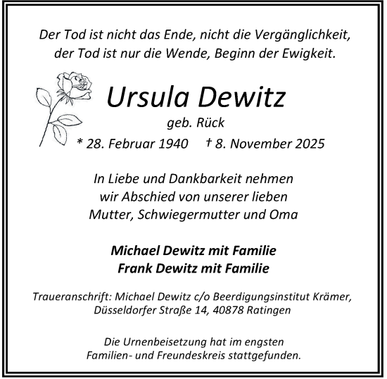 Traueranzeige von Ursula Dewitz von Tageszeitung
