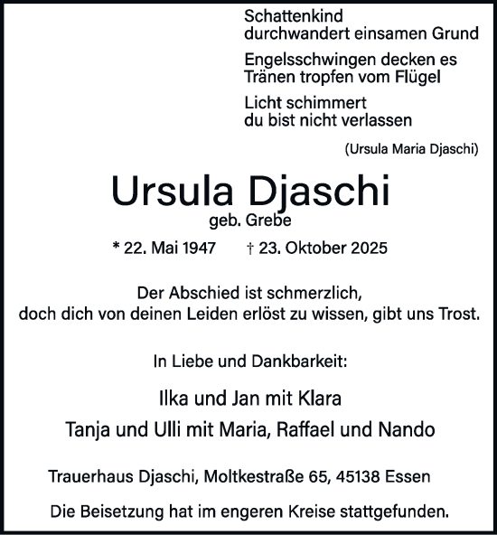 Traueranzeige von Ursula Djaschi von Tageszeitung