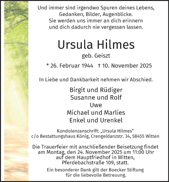 Traueranzeige von Ursula Hilmes von Tageszeitung