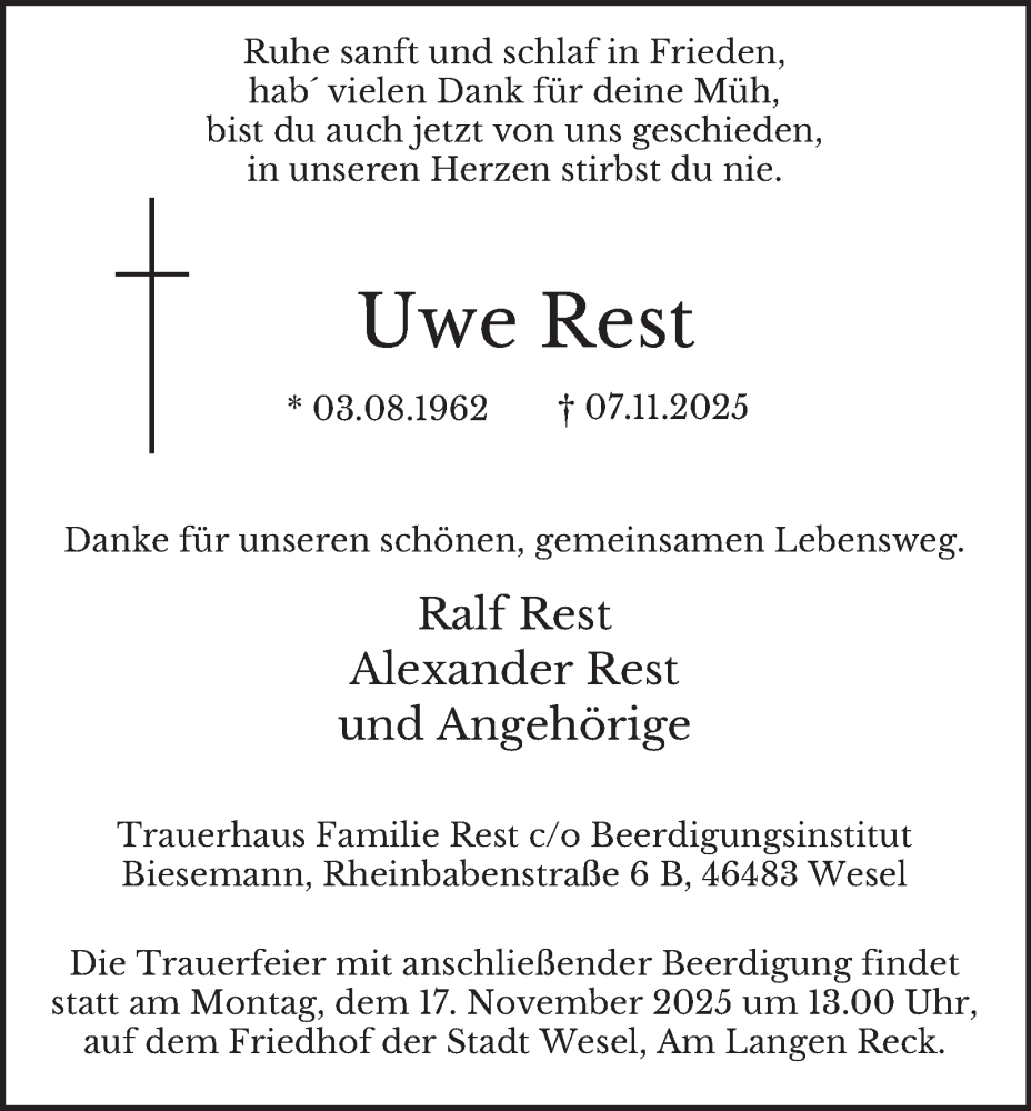  Traueranzeige für Uwe Rest vom 15.11.2025 aus Tageszeitung