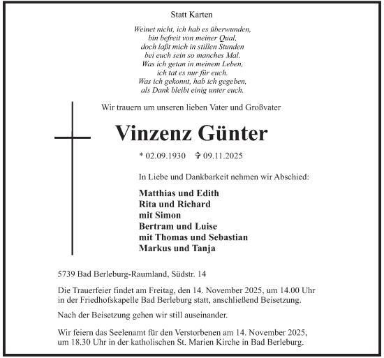 Traueranzeige von Vinzenz Günter von Tageszeitung