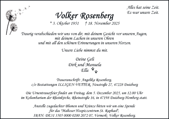 Traueranzeige von Volker Rosenberg von Tageszeitung
