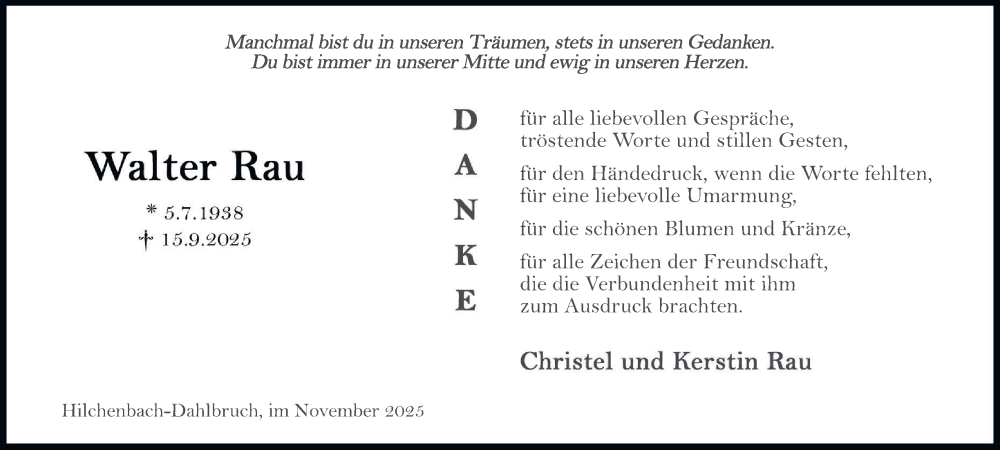  Traueranzeige für Walter Rau vom 21.11.2025 aus Tageszeitung