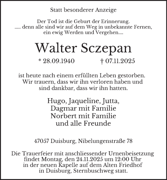 Traueranzeige von Walter Sczepan von Tageszeitung