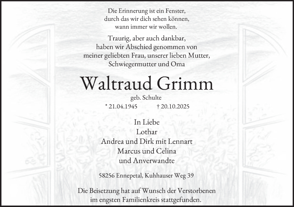  Traueranzeige für Waltraud Grimm vom 08.11.2025 aus Tageszeitung