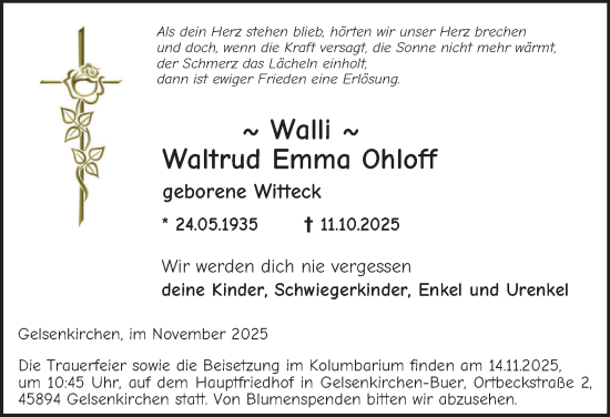 Traueranzeige von Waltrud Emma Ohloff von Tageszeitung
