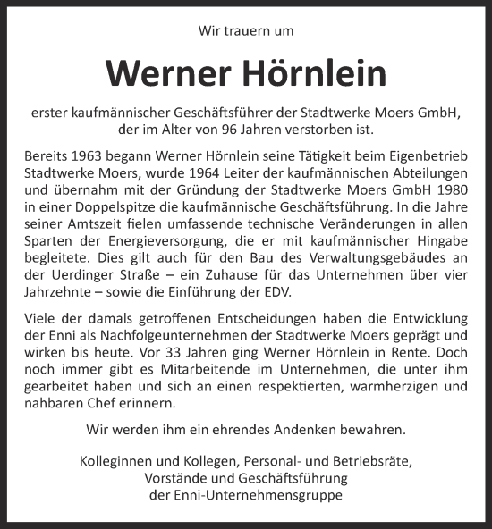 Traueranzeige von Werner Hörnlein von Tageszeitung