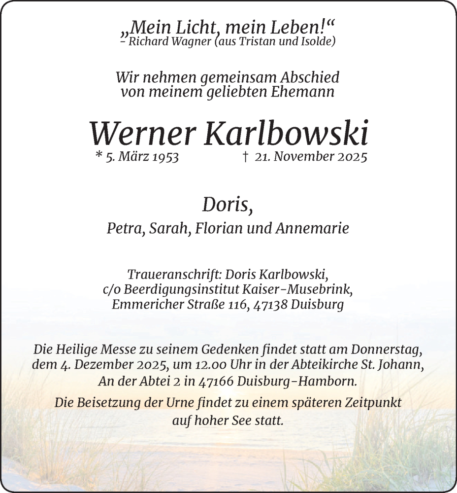  Traueranzeige für Werner Karlbowski vom 29.11.2025 aus Tageszeitung