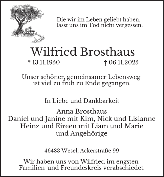 Traueranzeige von Wilfried Brosthaus von Tageszeitung