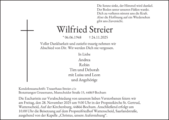 Traueranzeige von Wilfried Streier von Tageszeitung