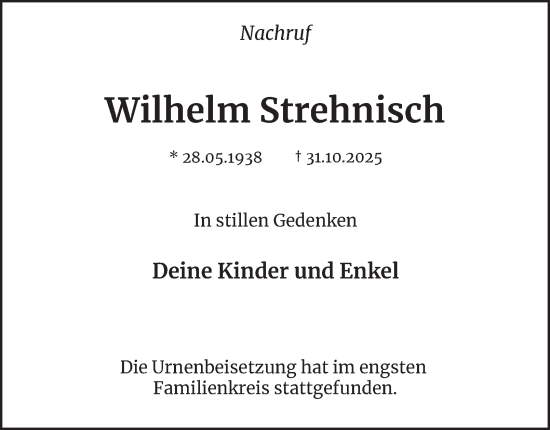 Traueranzeige von Wilhelm Strehnisch von Tageszeitung