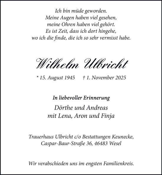 Traueranzeige von Wilhelm Ulbricht von Tageszeitung