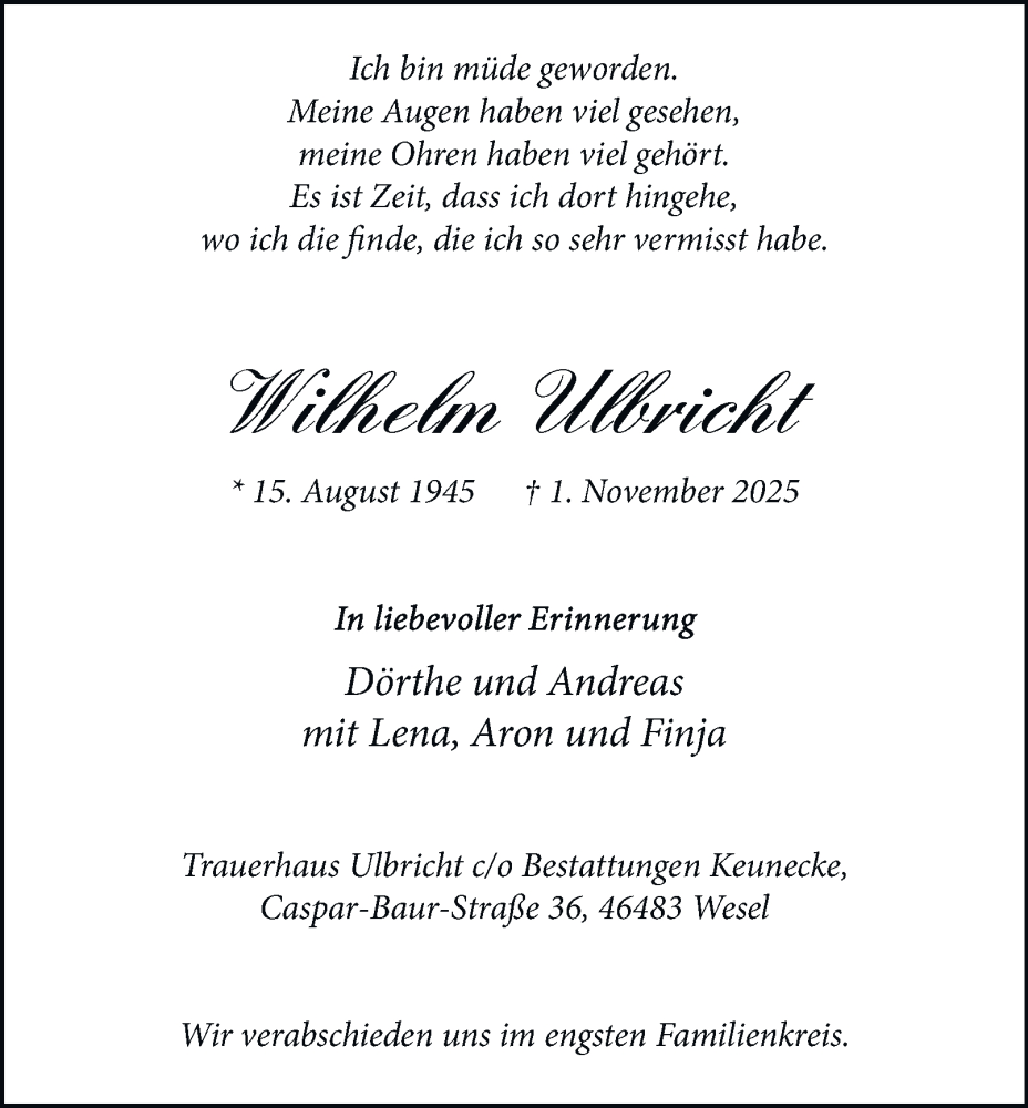  Traueranzeige für Wilhelm Ulbricht vom 08.11.2025 aus Tageszeitung